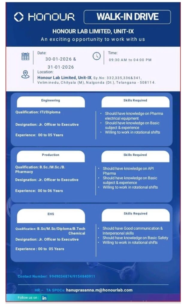 Honour Lab Pharma jobs for Production Engineering EHS
