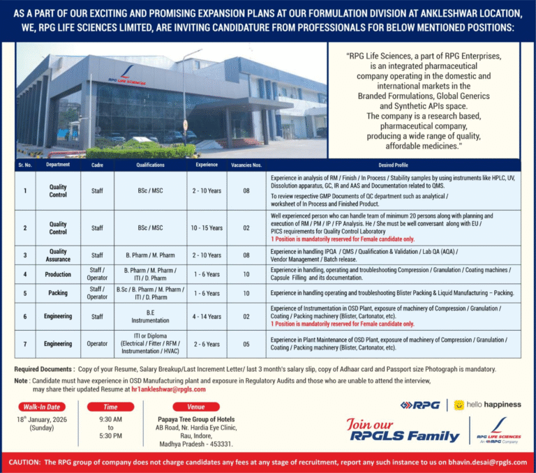 RPG Life Sciences Pharma jobs for Production QC QA Ankleshwar Walk In