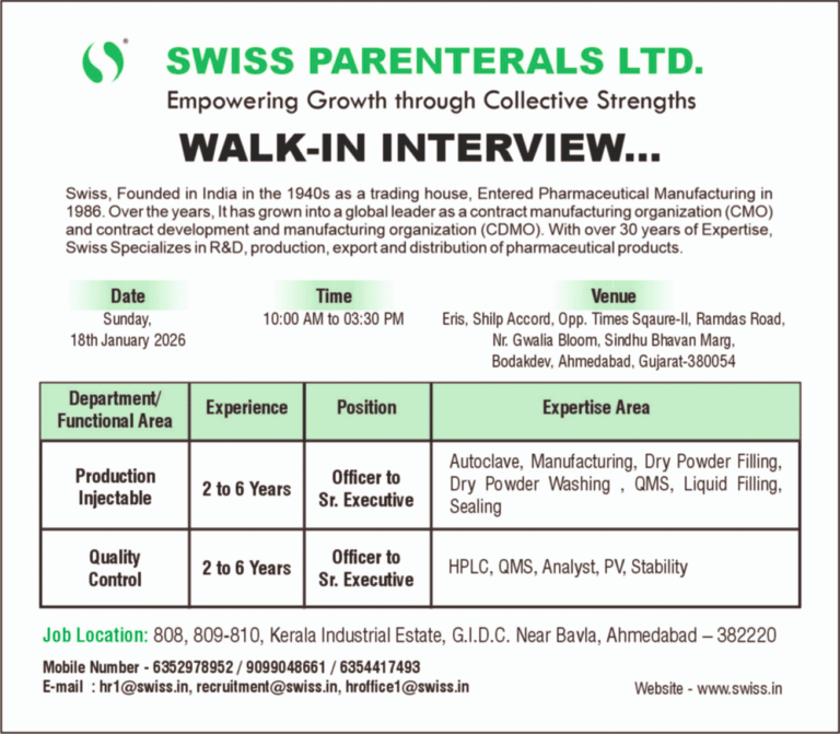 Swiss Parenterals Ltd Pharma jobs for Production QC BPharm MPharm