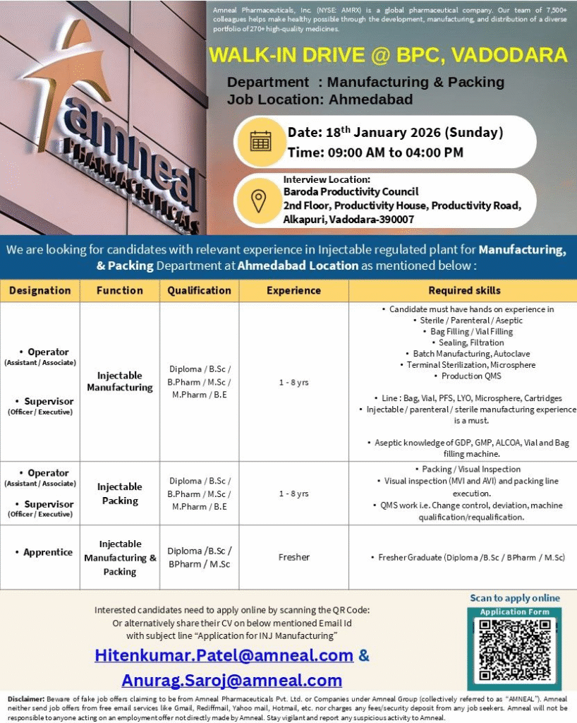 Amneal Pharma Hiring Manufacturing Packing