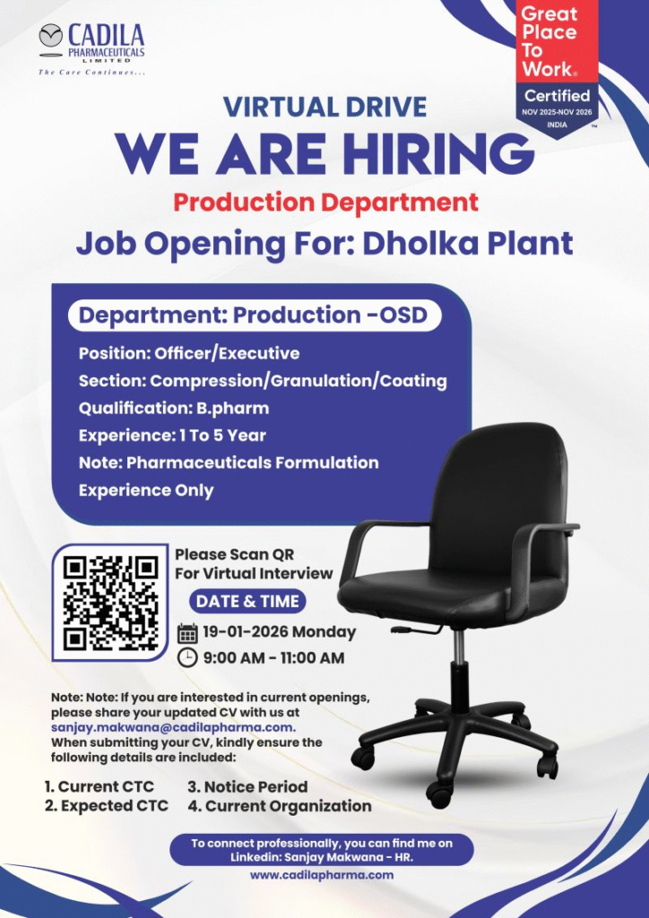 Cadila Pharmaceuticals Hiring for Production BPharm