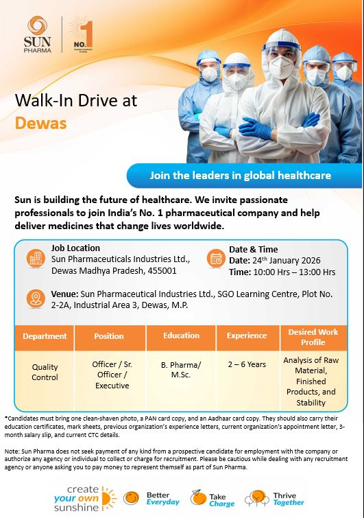 Sun Pharma Jobs for Quality Control BPharm MSc Walk In