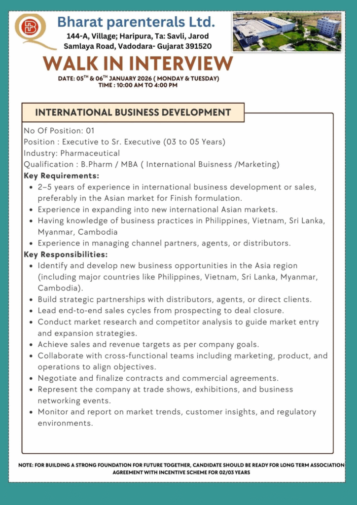 Job opening at Bharat Parenterals Pharma jobs for Production QC QA
