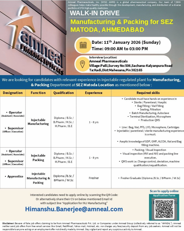 Job opening for Amneal Pharma jobs for Manufacturing and Packing BPharm MPharm