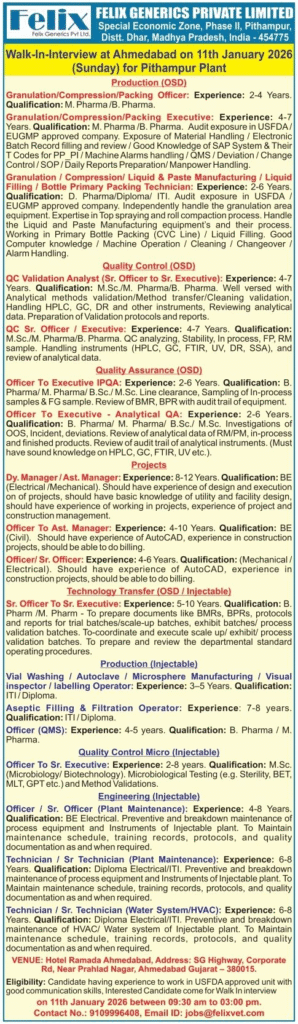 Felix Generics Pharma Hiring Walk In Ahmedabad