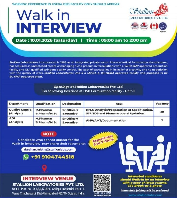 Stallion Pharma QC Walk In Jobs 2026