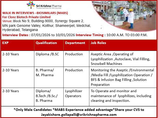 Sri Krishna Pharma Production Walk In Jobs 2026