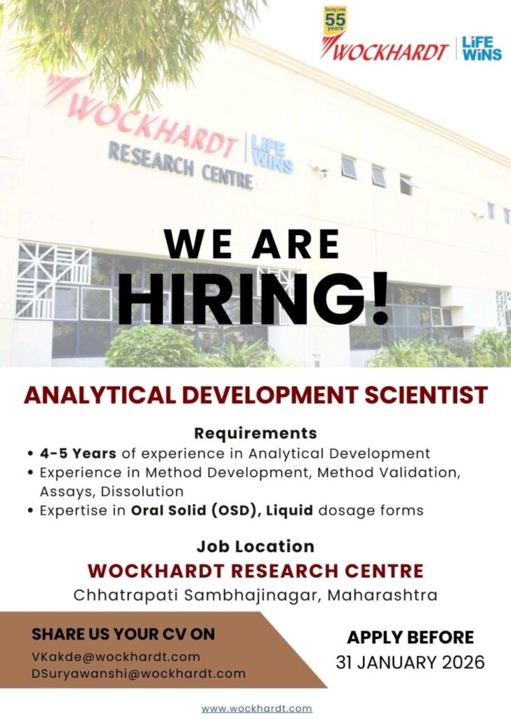 Wockhardt Hiring Analytical Development Scientist