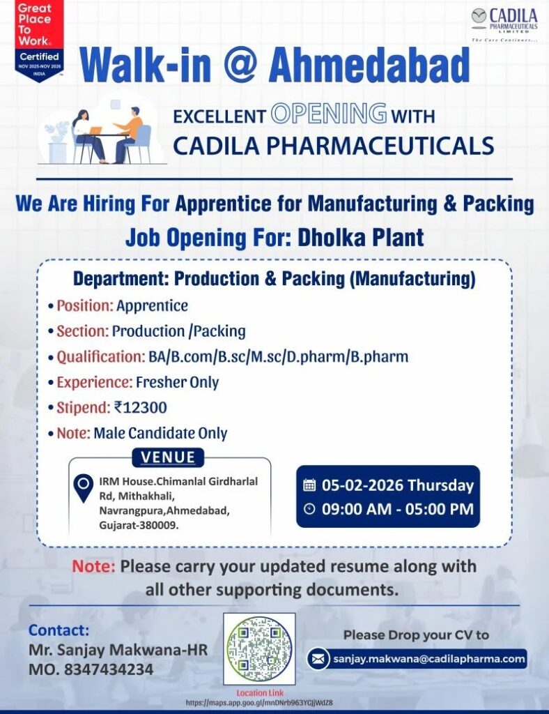 Cadila Pharma Jobs for Production Packing Apprentices