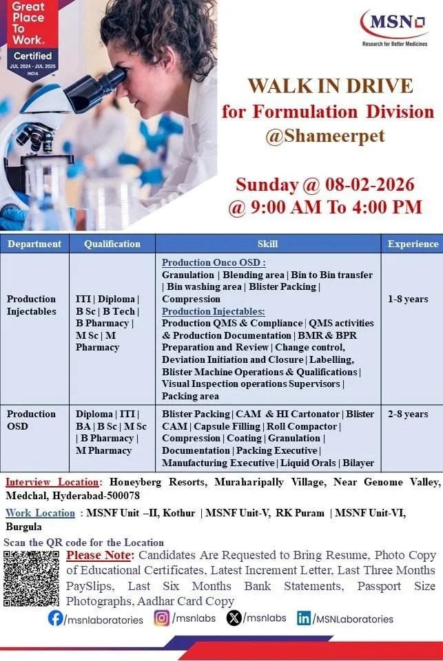 MSN Pharma jobs for Production QC QA Walk In 08 Feb 2026