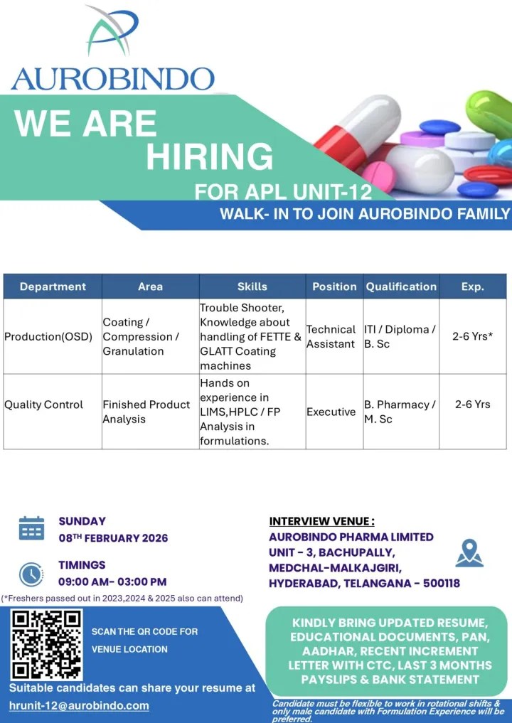 Aurobindo Pharma Jobs for Production OSD QC