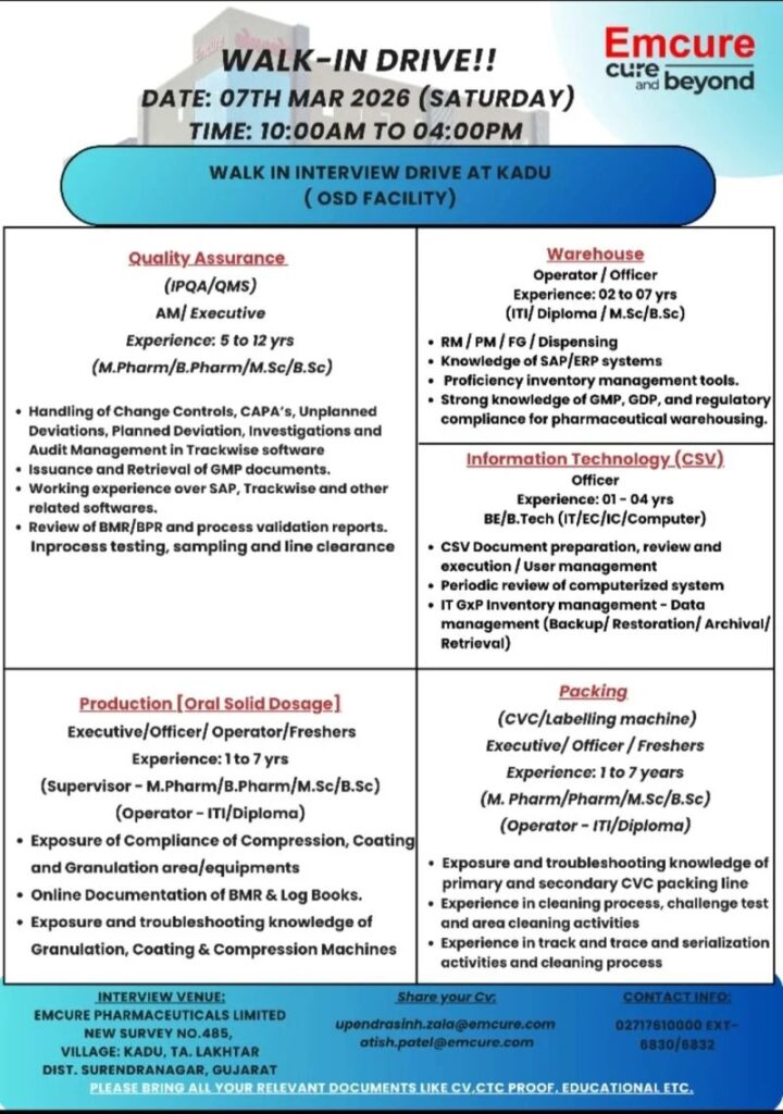 Emcure Pharma Jobs for Production QA Packing BPharm