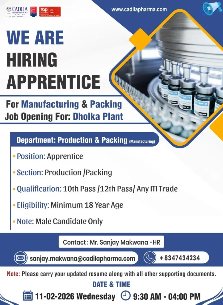 Cadila Pharma Jobs for Production Packing