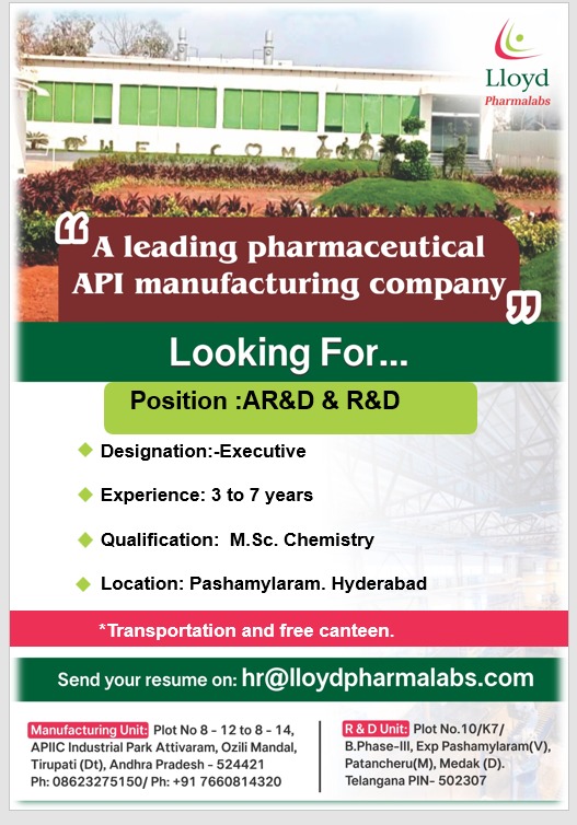 Lloyd Pharmalabs Pharma Jobs for Production ARD RD