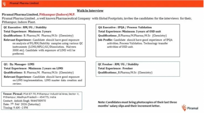 Piramal Pharma QC QA Jobs Walk in 2026