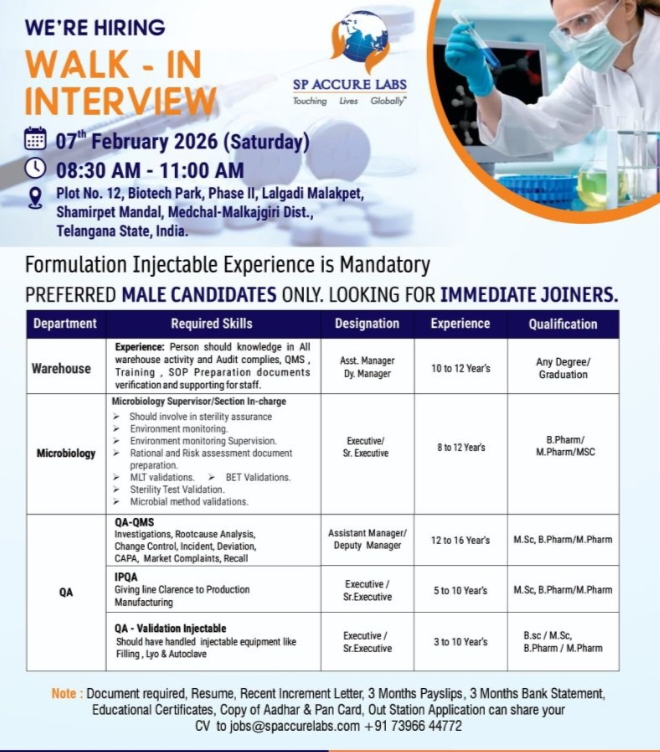SP Accure Labs Pharma jobs – Walk‑in 07 Feb 2026
