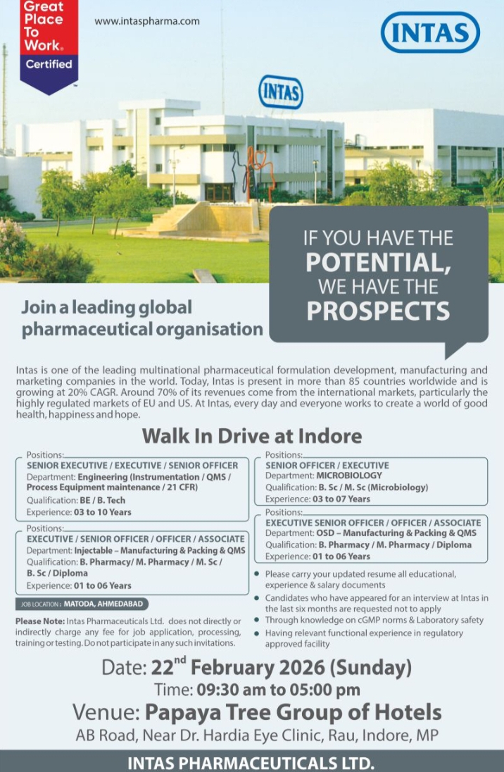 Intas Pharma jobs Walk-in 22 Feb 2026