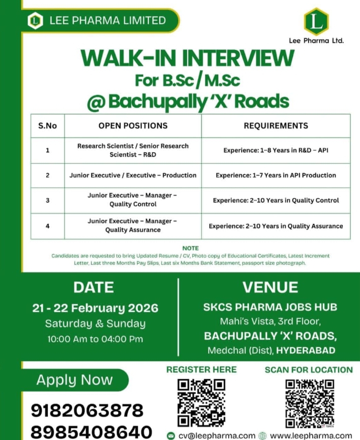 Lee Pharma Pharma Jobs Walk In Feb 2026