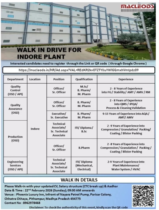 Macleods Pharma Jobs Walk In 22nd Feb 2026