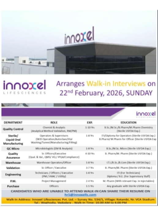 Innoxel Pharma Jobs Walk in Interview 2026
