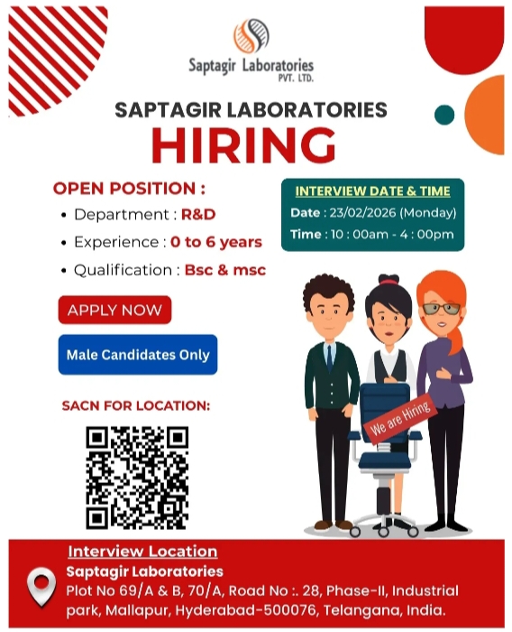 Saptagir Laboratories R&D Jobs Walk In 2026