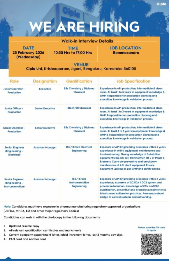 Cipla Production Engineering Jobs 25th Feb 2026