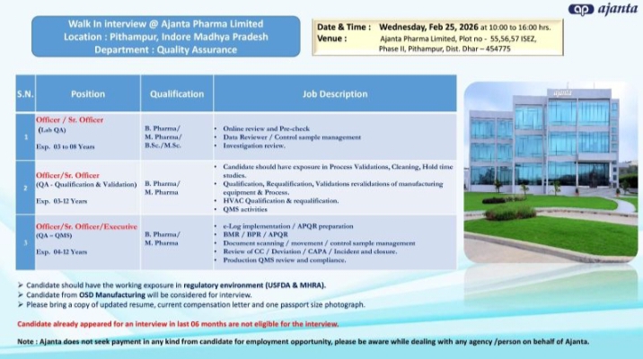 Ajanta Pharma QA Jobs Walk In 25th Feb 2026