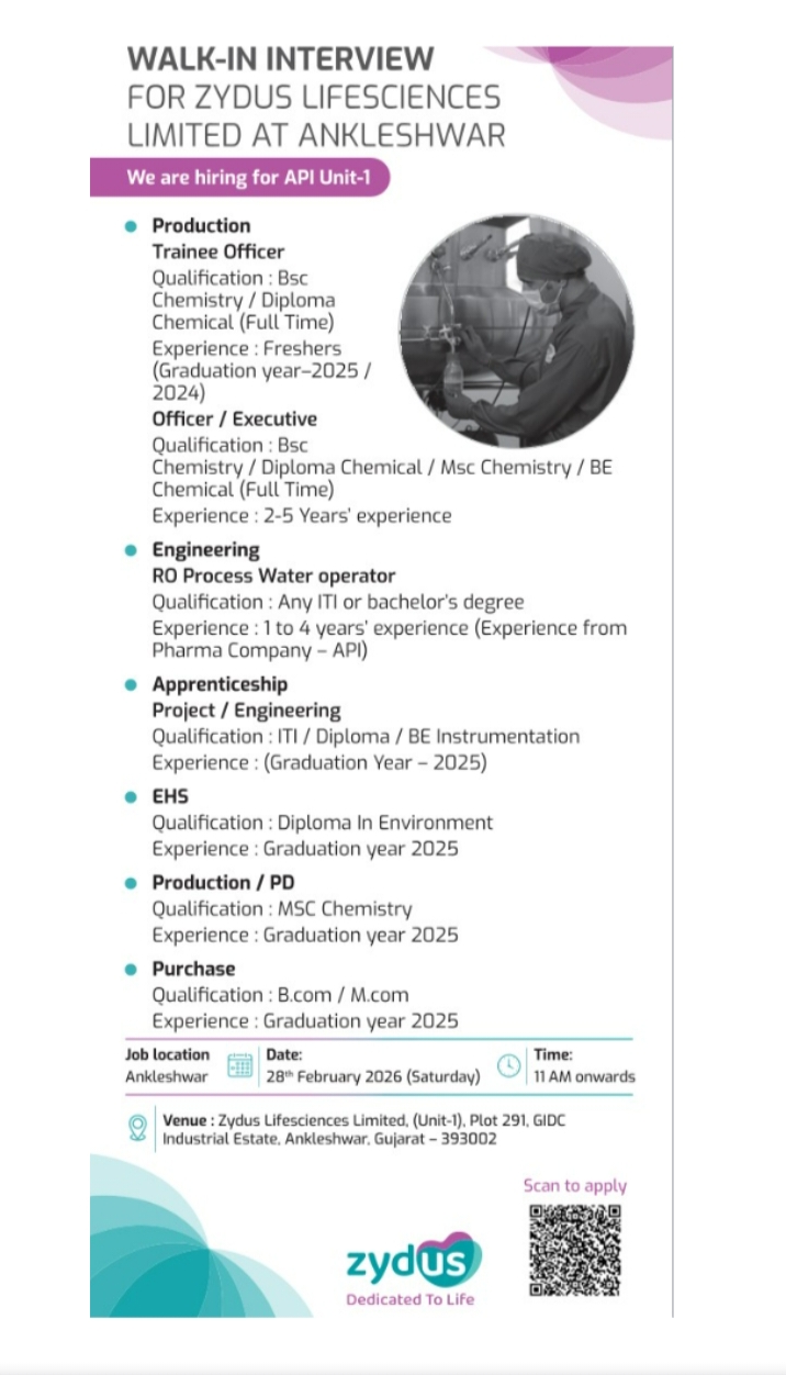 Zydus Pharma Jobs Walk In Feb 2026