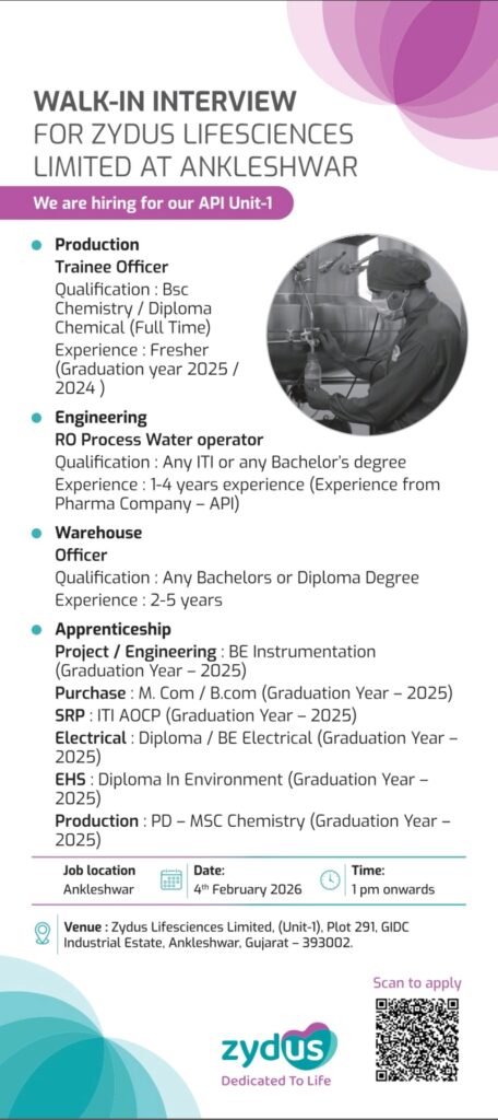 Zydus Lifesciences Pharma Jobs Walk In Interview API Unit