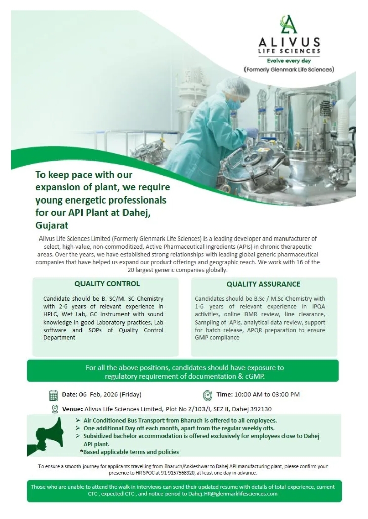 Alivus Pharma Jobs for Quality Control Quality Assurance API Plant