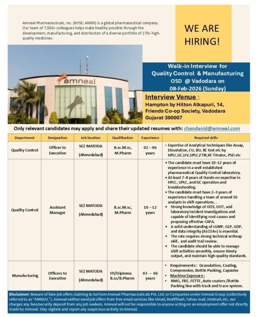 Amneal Pharma Jobs for Quality Control Manufacturing OSD