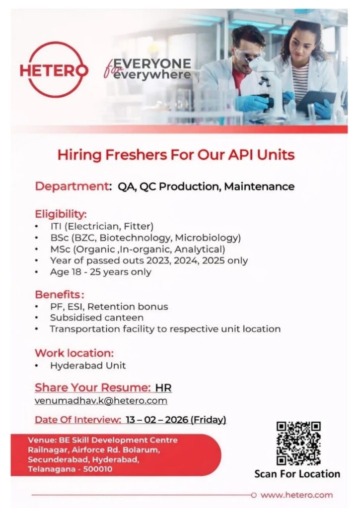 Hetero Pharma Jobs for QA QC Production Freshers