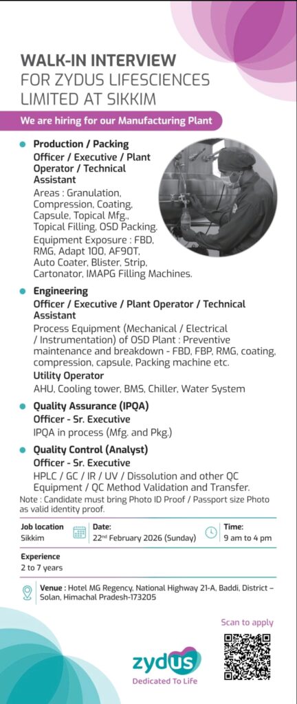 Zydus Lifesciences Pharma Jobs for Production QA QC