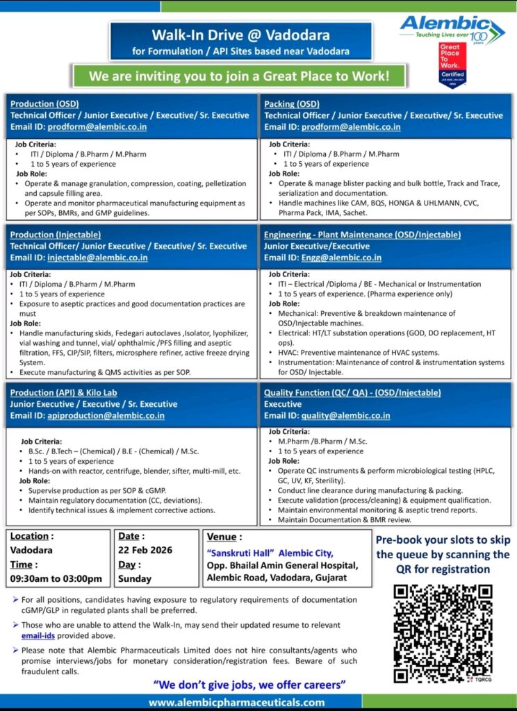 Alembic Pharma Jobs Production QC QA