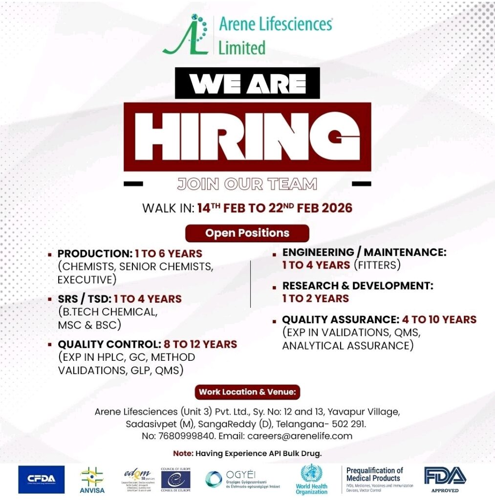 Arene Lifesciences Pharma Jobs Production QC QA