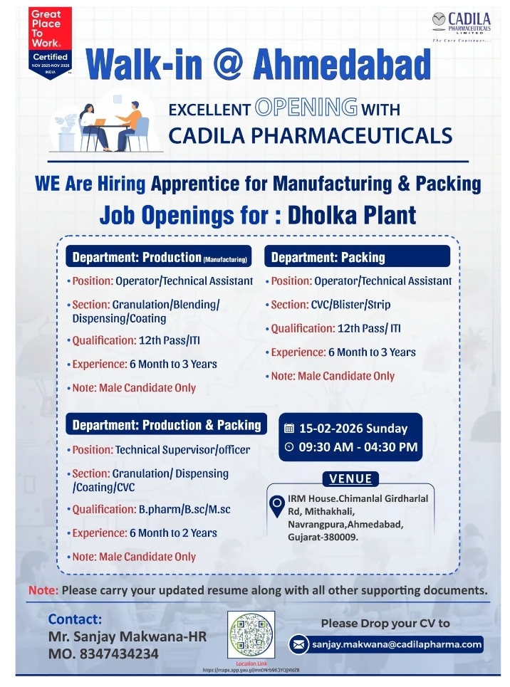 Job Opening Cadila Pharmaceuticals Pharma Jobs Production Packing
