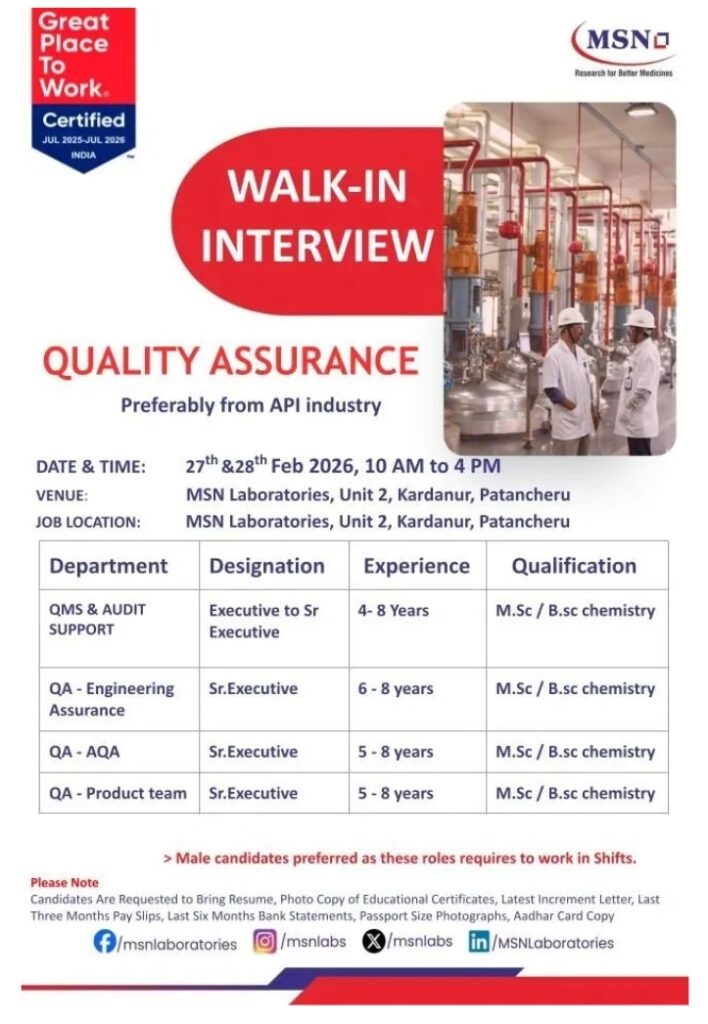 MSN Laboratories Pharma Jobs QA API 2026