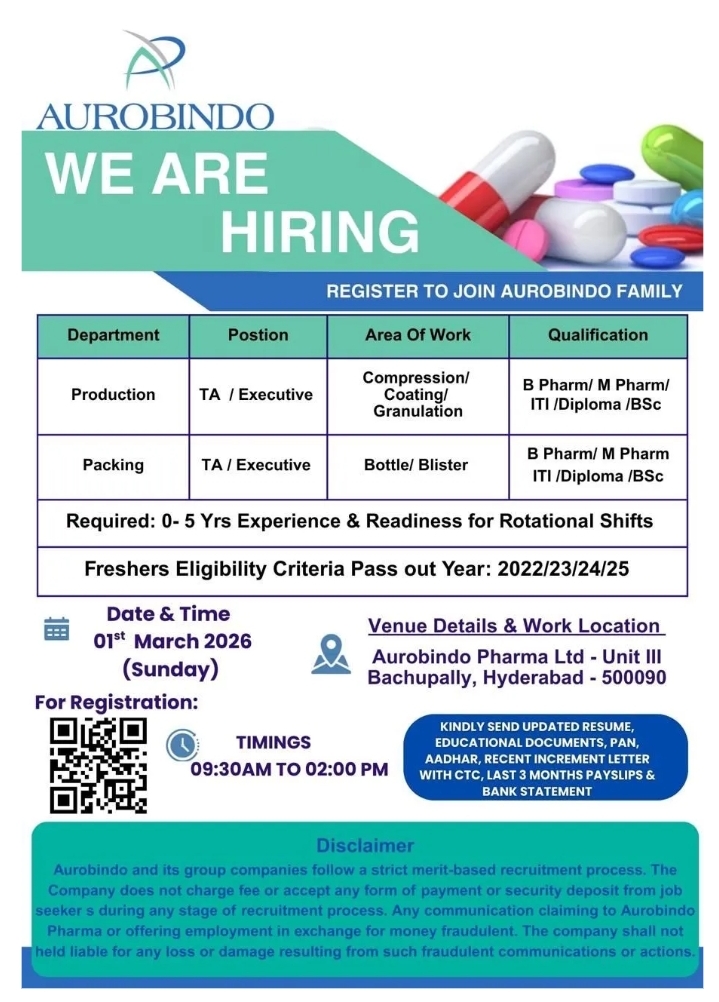 Aurobindo Pharma Pharma Jobs Production 2026
