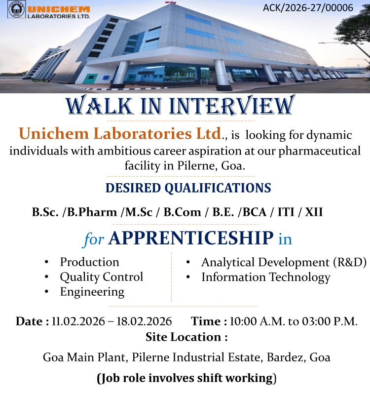 Unichem Pharma Jobs Apprenticeship Walk In Goa 2026