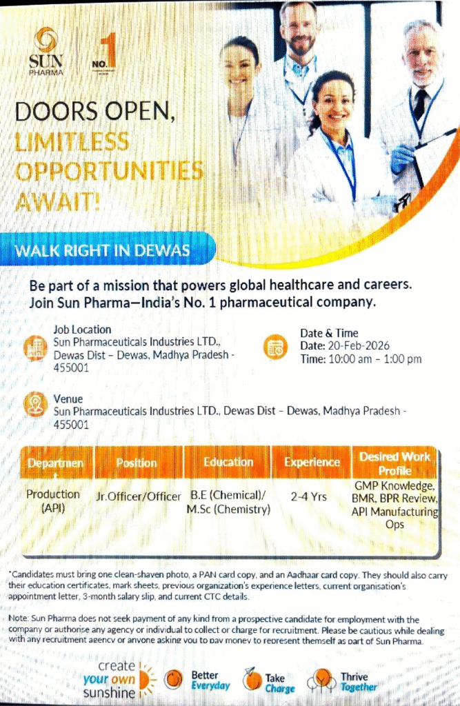 Sun Pharma Production API Jobs Walk In 2026