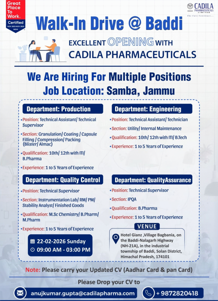 Cadila Pharma Jobs Production QC QA