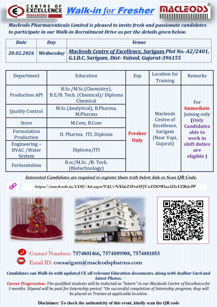 Macleods Pharma Jobs Fresher Walk In 2026