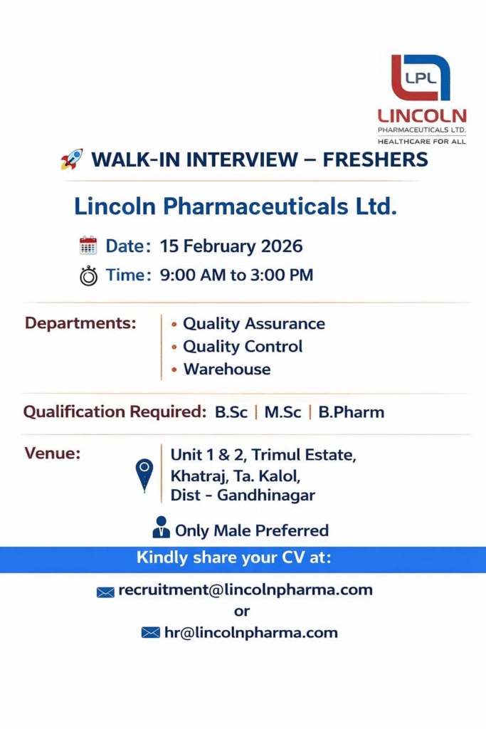 Lincoln Pharma QA QC Warehouse Jobs 2026