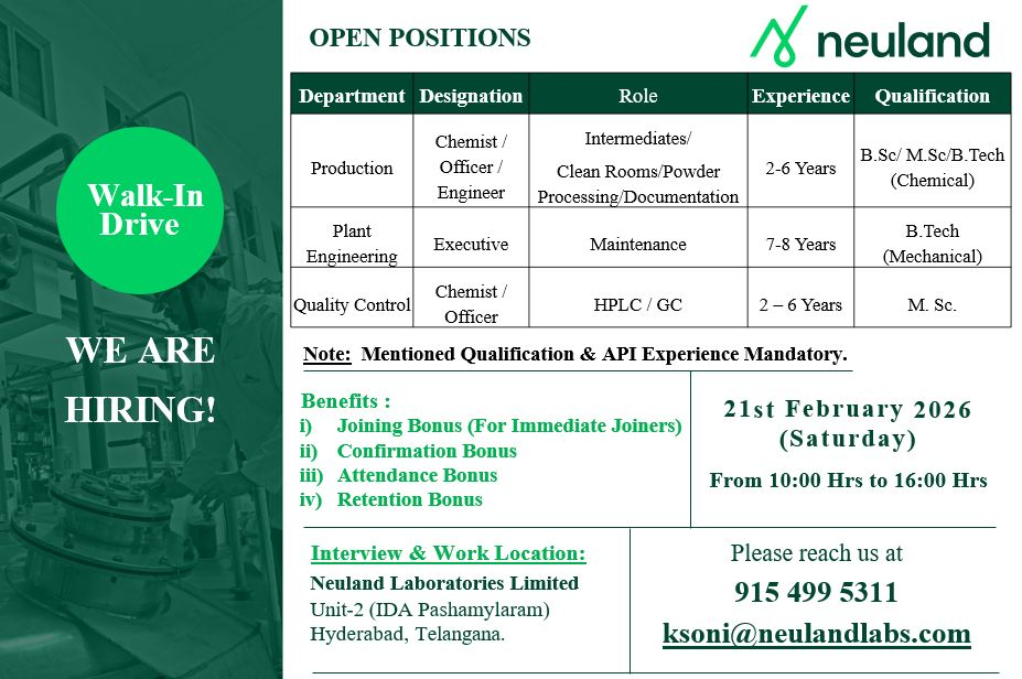 Neuland Pharma Jobs Production QC