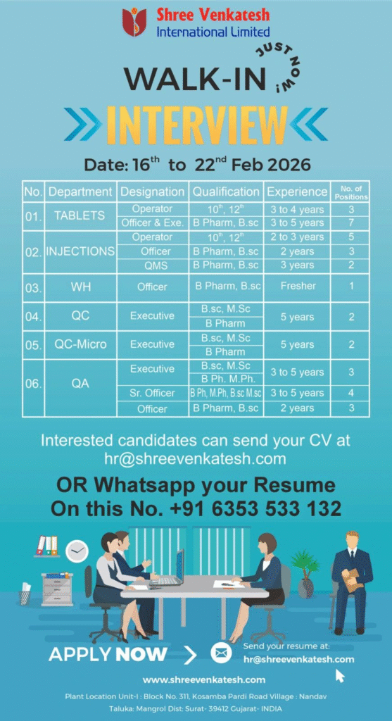 Shree Venkatesh Pharma Jobs Walk In Drive