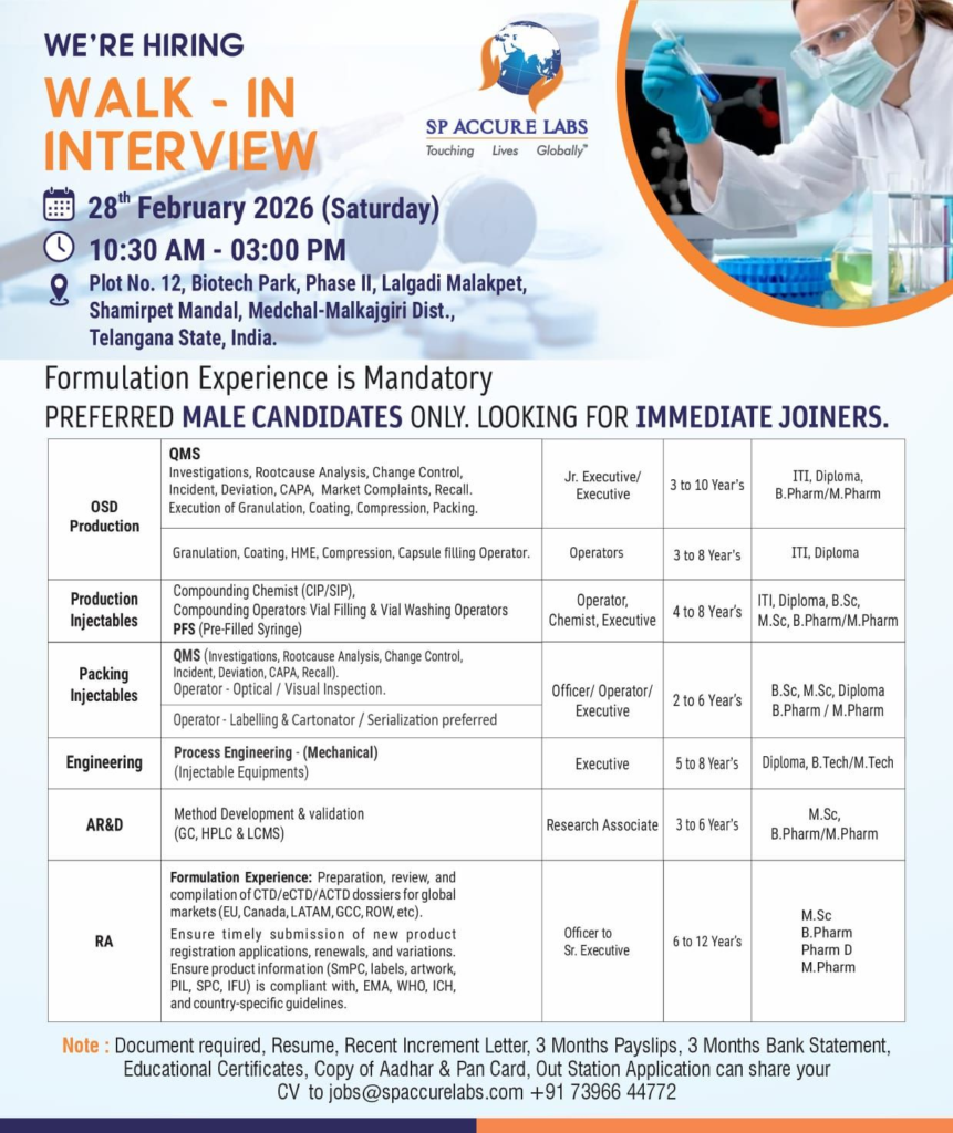 SP Accure Labs Pharma Jobs Walk In 2026