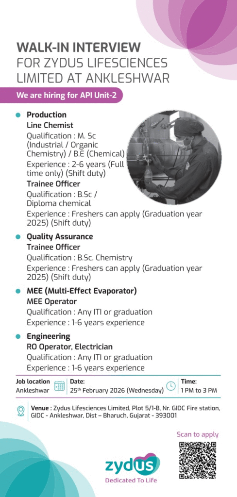Zydus Lifesciences Pharma Jobs Production QA