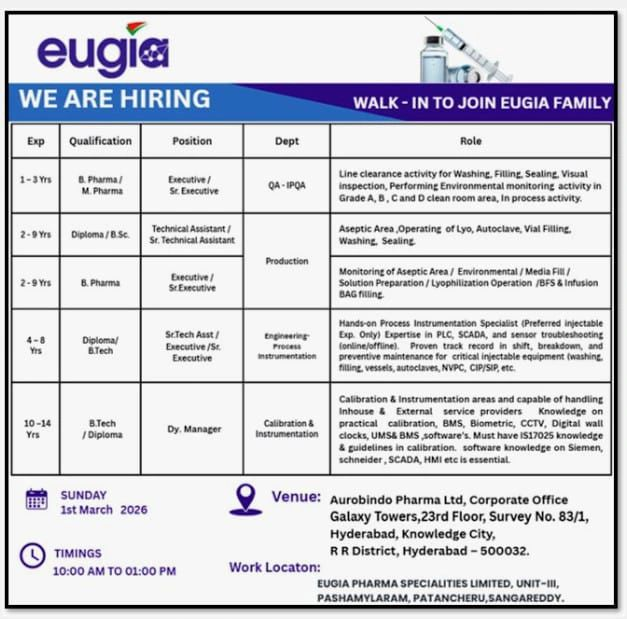 Eugia Pharma Jobs for QA Production 2026
