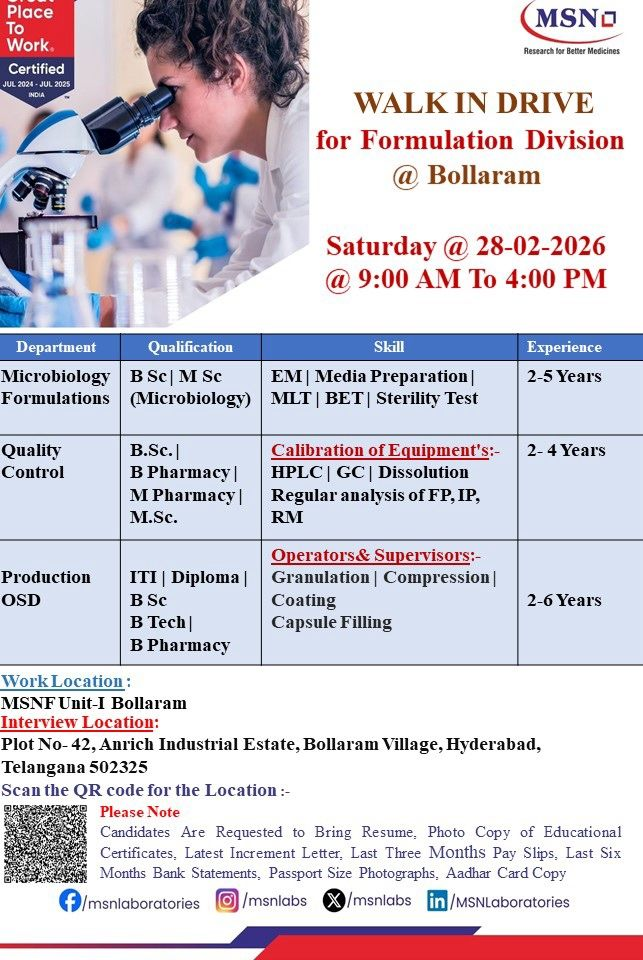 MSN Laboratories Pharma Jobs Production QC 2026