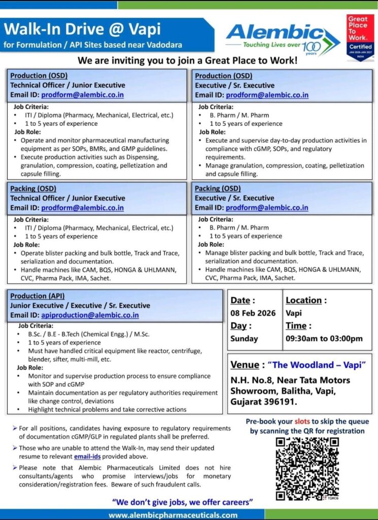 Alembic Pharma Jobs for Production Packing API Vapi Unit